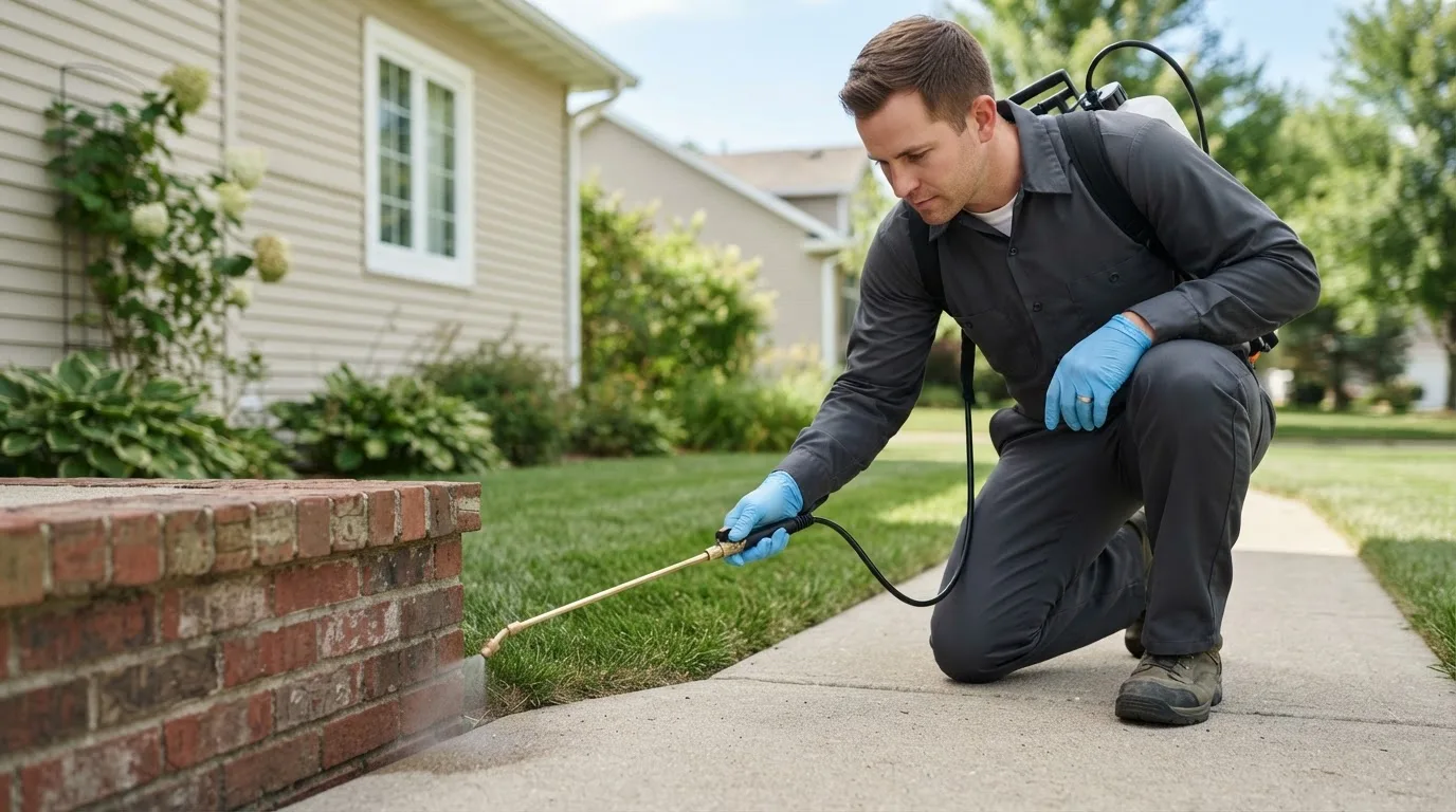 Pest control technician treating a home near Euclid, MN